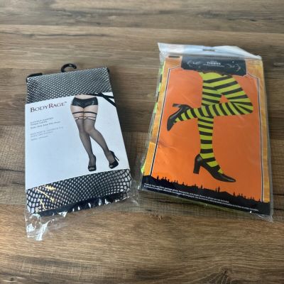 Lot 2 Bodyrage Cutout Garter Thigh Highs Fishnet + Poison Striped Tights OSFM